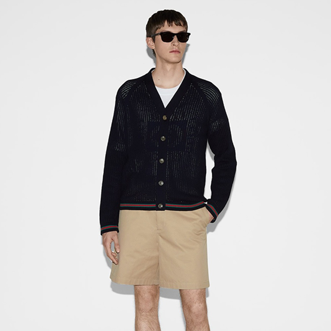 gucci lido open‑knit web trim v‑neck cardigan